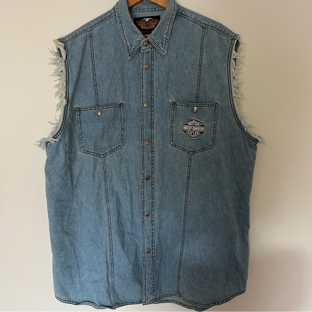 Harley Davidson Denim Cut Off Sleeveless Button Up Vest Men’s Size XL